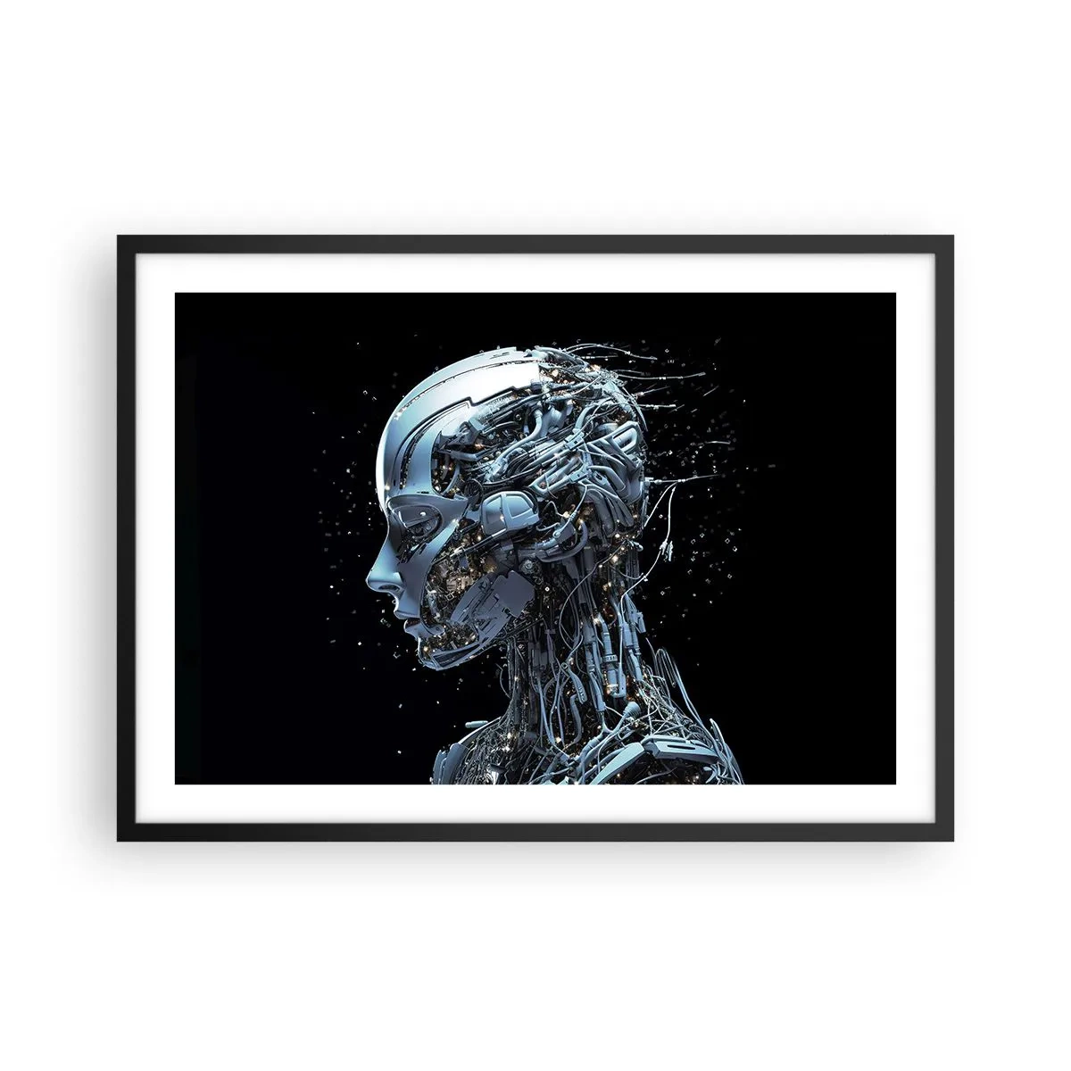 Póster en marco negro - Retrato futurista de un cyborg en estilo industrial sobre fondo negro. - 70x50cm - La tecnología es una mujer - Decoración de pared moderna para salón y dormitorio ARTTOR