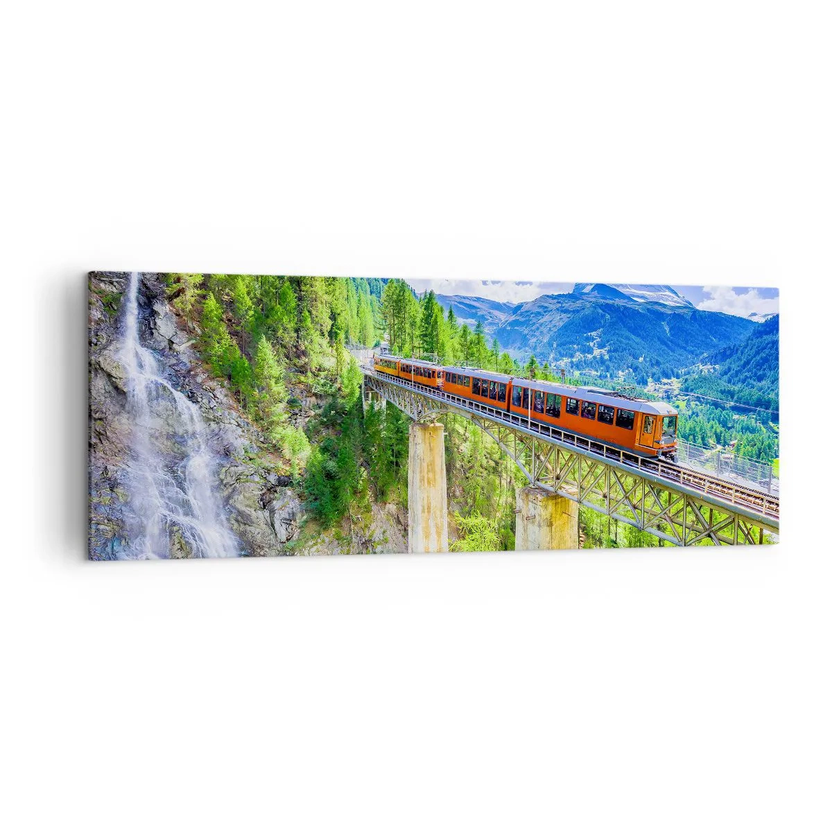 Cuadro sobre lienzo - Impresión de Imagen - Una montaña rusa en un puente con vistas a una cascada y montañas. - 140x50cm - Ferrocarril a los Alpes - Decoración de pared moderna para salón y dormitorio ARTTOR