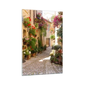 Cuadro sobre vidrio - Impresiones sobre Vidrio - Una calle con flores en macetas y muros de piedra. - 70x100cm - En un torrente de flores - Decoración de pared moderna para salón y dormitorio ARTTOR