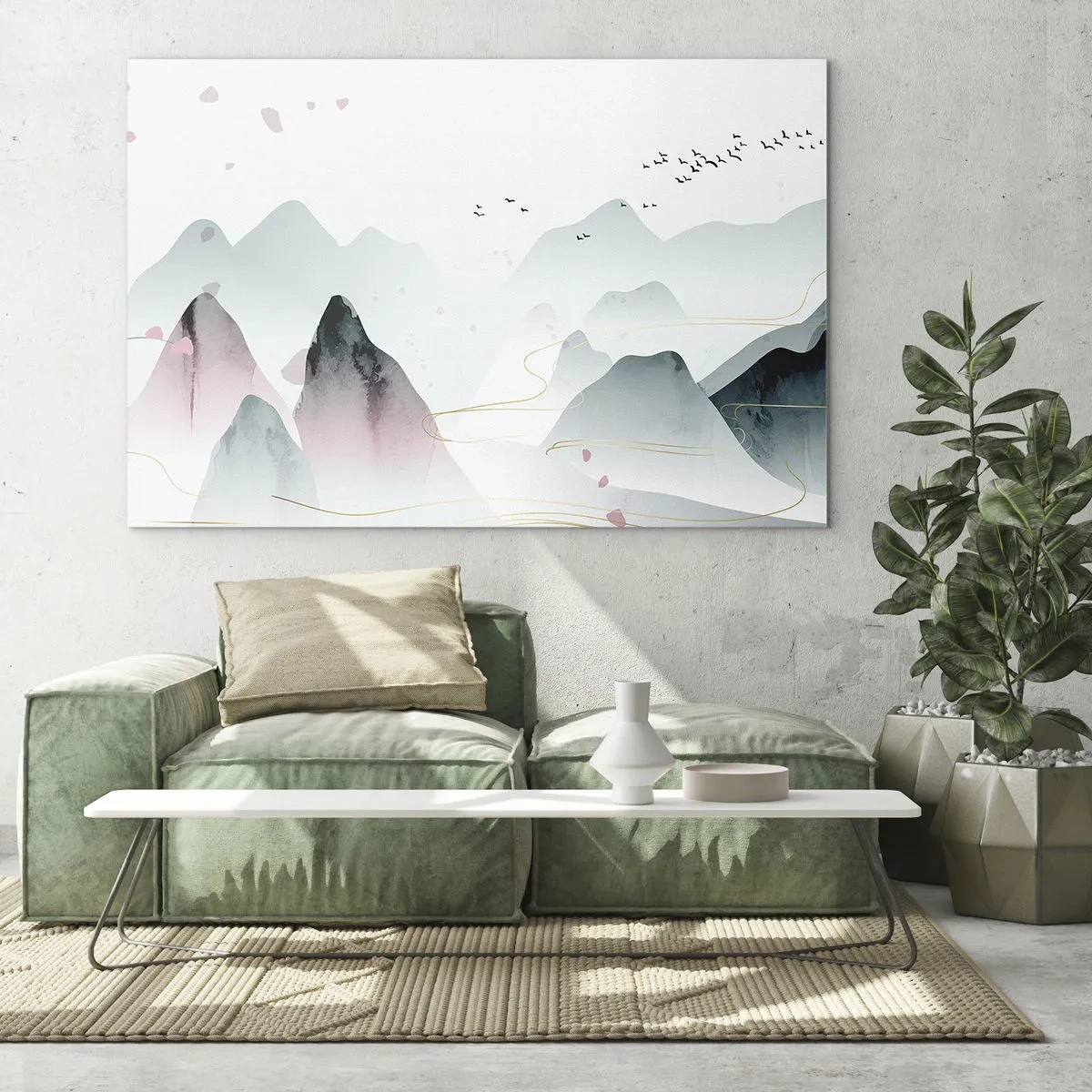 Cuadro sobre vidrio - Impresiones sobre Vidrio - Montañas pastel con una bandada de pájaros volando y líneas doradas. - 100x70cm - Sobre las cimas - Decoración de pared moderna para salón y dormitorio ARTTOR