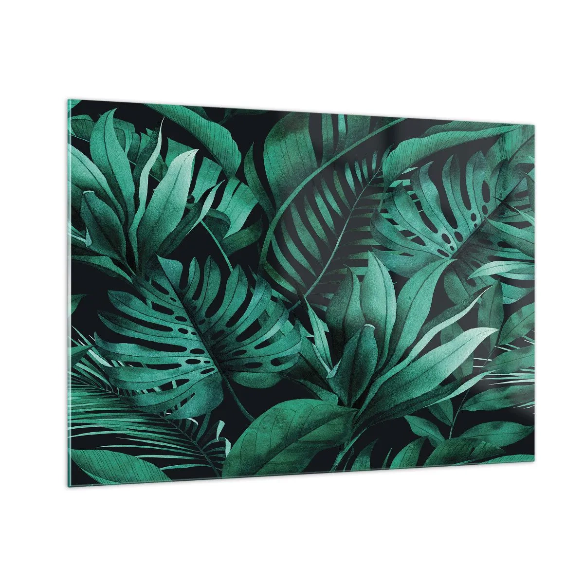 Cuadro sobre vidrio - Impresiones sobre Vidrio - Hojas verdes exuberantes en una composición tropical. - 100x70cm - Profundidad del verde tropical - Decoración de pared moderna para salón y dormitorio ARTTOR