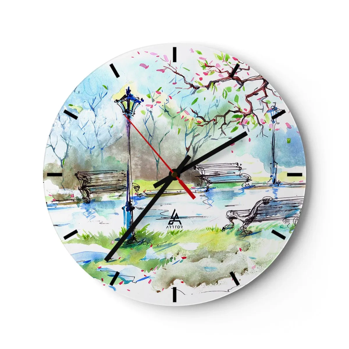 Reloj de pared - Reloj de vidrio - Un parque con bancos, faroles y árboles en flor en estilo acuarela. - 30x30cm - El encanto del silencio del parque - Decoración de pared moderna para salón, cocina y dormitorio ARTTOR