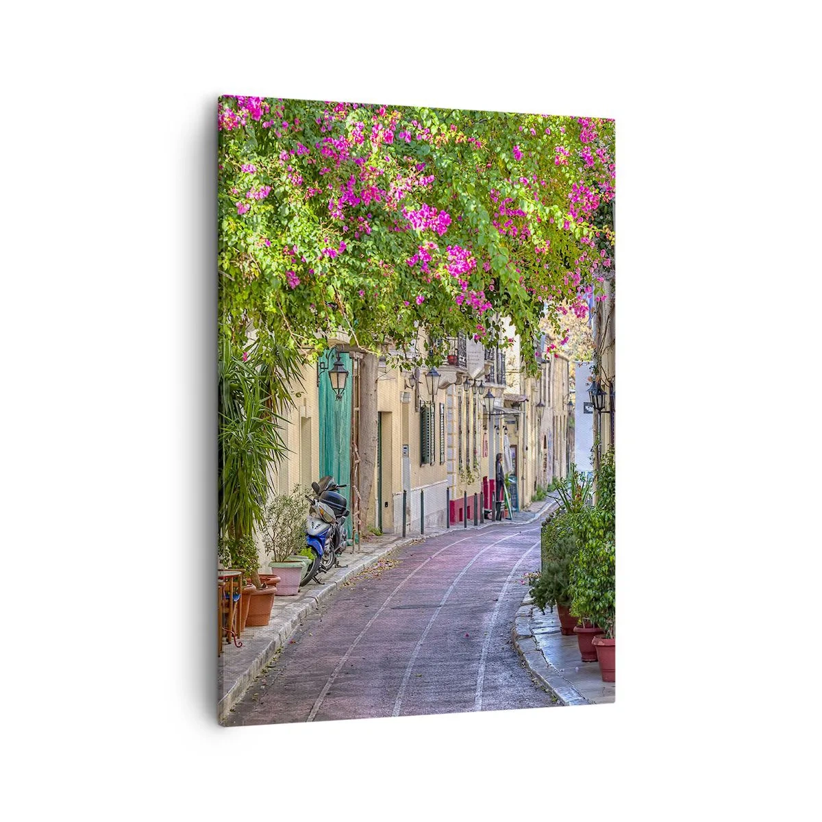 Cuadro sobre lienzo - Impresión de Imagen - Una calle encantadora con vides en flor y mesas de café. - 50x70cm - Un callejón floreciente - Decoración de pared moderna para salón y dormitorio ARTTOR