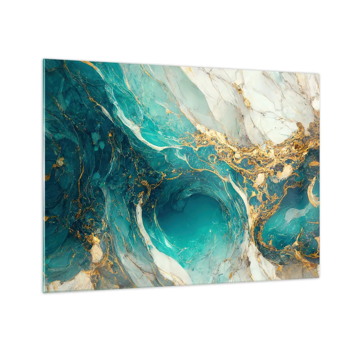 Cuadro sobre vidrio - Impresiones sobre Vidrio - Composición abstracta con vetas turquesas y doradas. - 70x50cm - Composición con vetas de oro - Decoración de pared moderna para salón y dormitorio ARTTOR