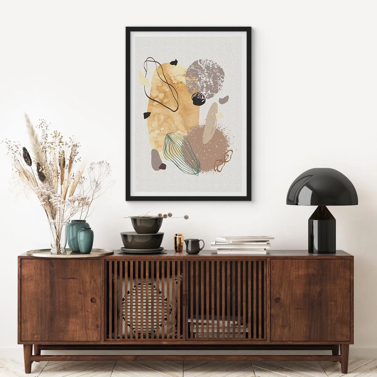 Póster en marco negro - Composición abstracta en tonos naturales. - 50x70cm - Plumología aplicada - Decoración de pared moderna para salón y dormitorio ARTTOR