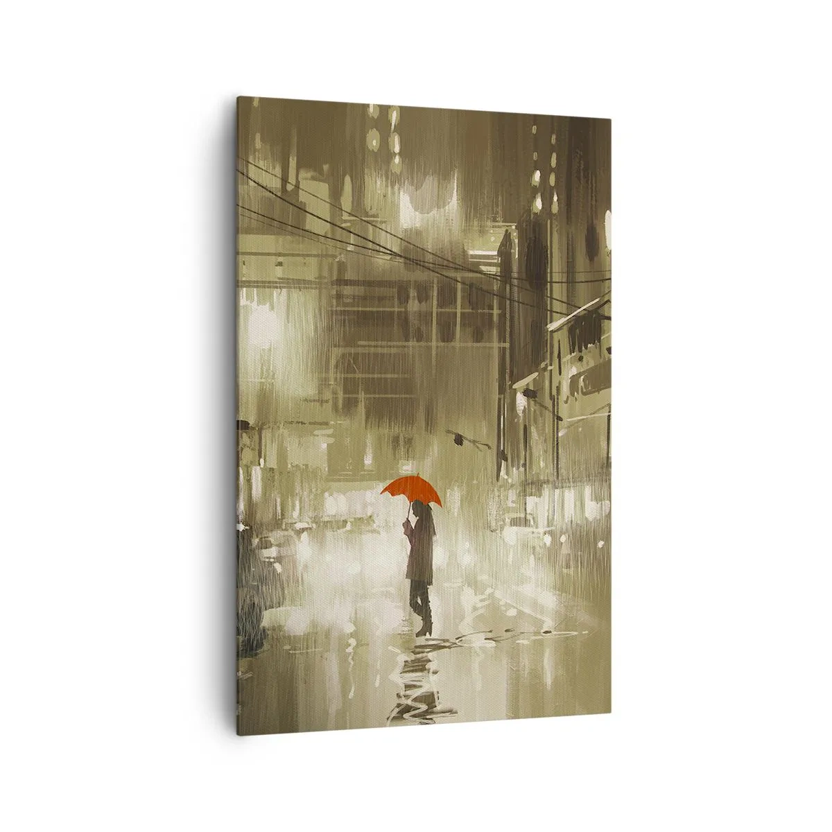 Cuadro sobre lienzo - Impresión de Imagen - Una figura con un paraguas rojo en una ciudad lluviosa. - 80x120cm - Soledad en la urbe - Decoración de pared moderna para salón y dormitorio ARTTOR