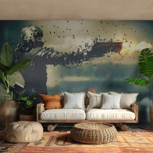 Fotomural Premium Sand - Guerrero cibernético con una pistola en un mundo futurista. - 100x70cm - Arma letal: tu propio Terminator - Decoración de pared moderna para salón y dormitorio ARTTOR