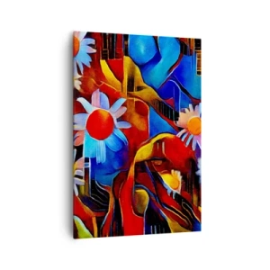 Cuadro sobre lienzo - Impresión de Imagen - Flores abstractas sobre un fondo de patrones geométricos. - 70x100cm - Colores de la vida - Decoración de pared moderna para salón y dormitorio ARTTOR