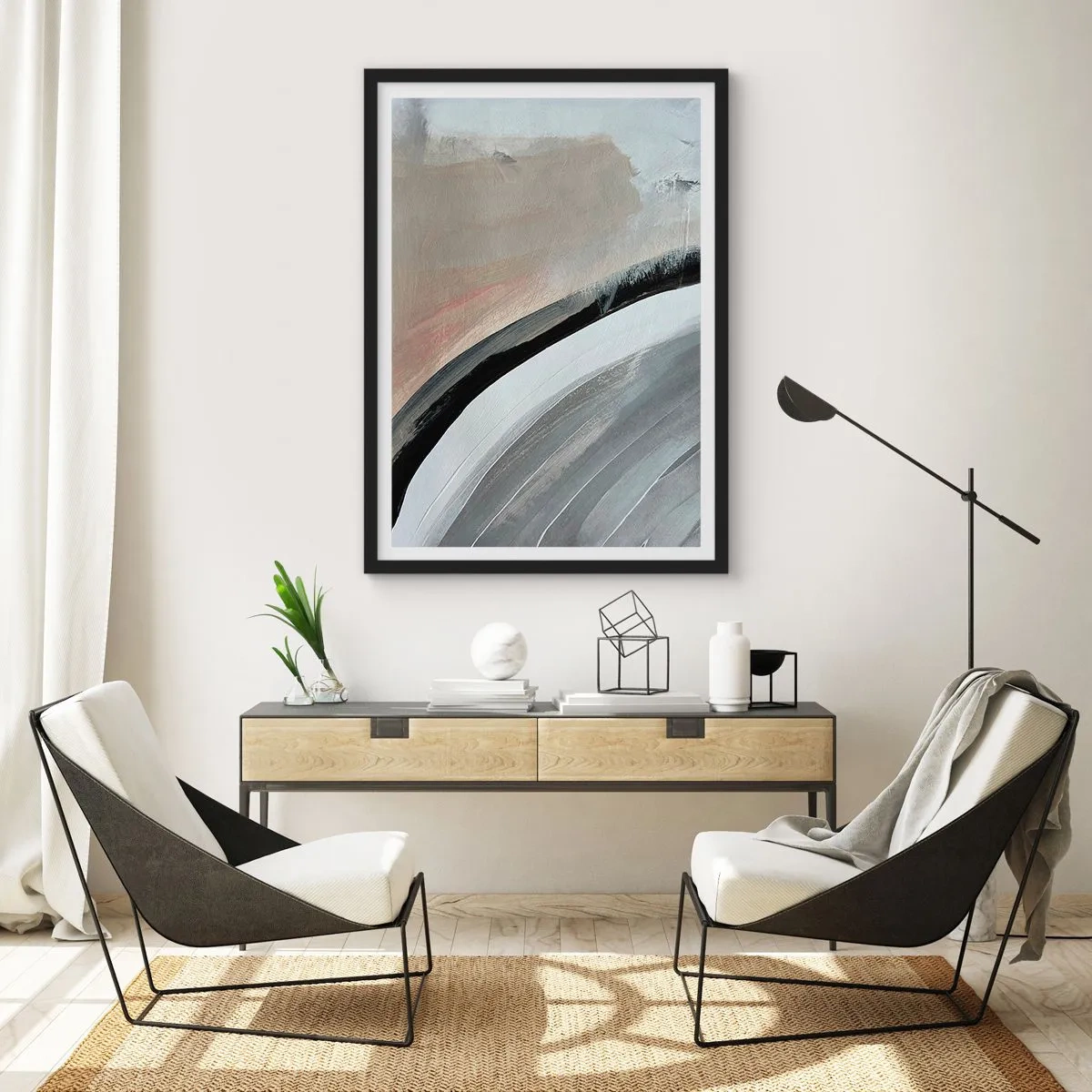 Póster en marco negro - Composición abstracta con lineas en tonos grises y beige. - 50x70cm - Composición: un arco negro y gris - Decoración de pared moderna para salón y dormitorio ARTTOR