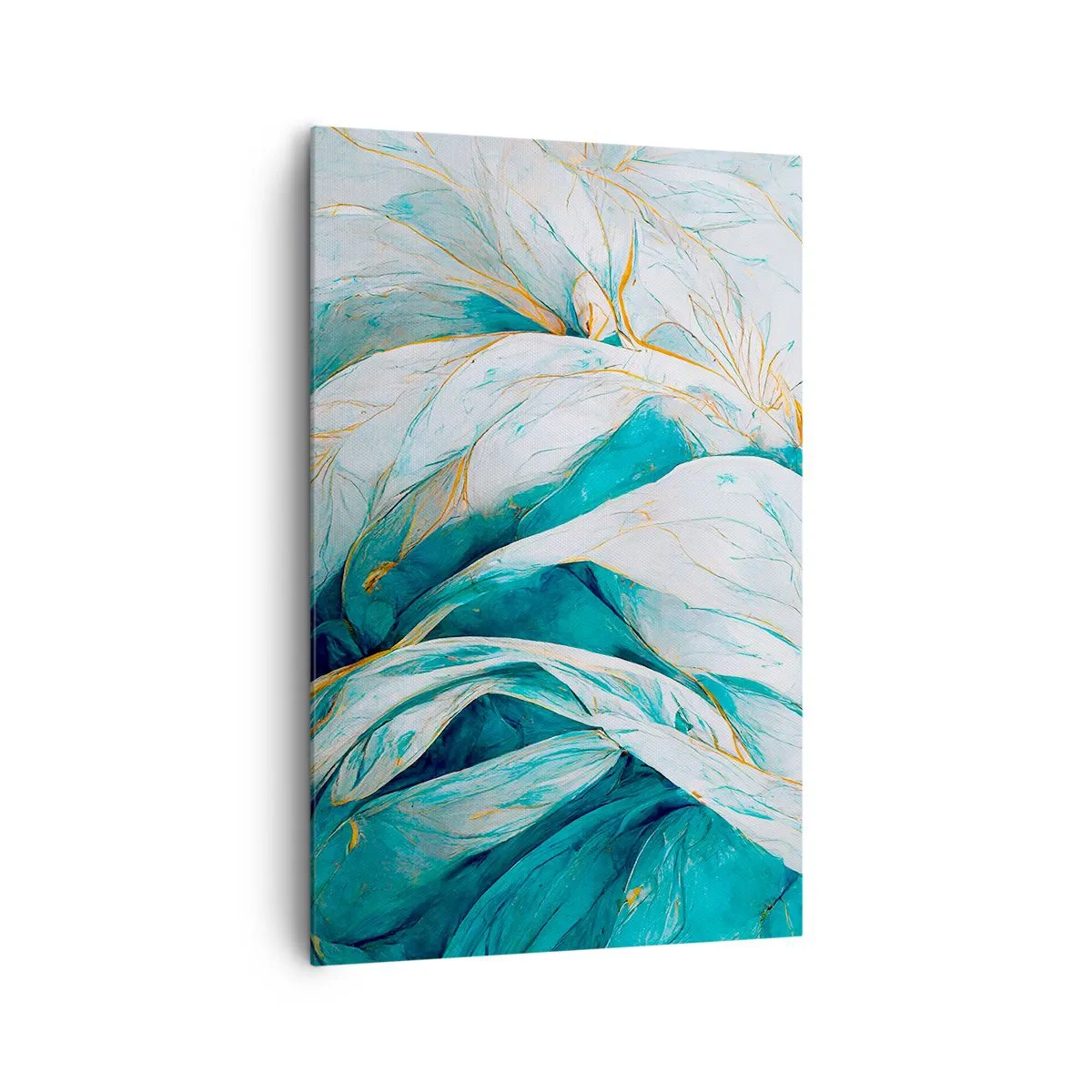 Cuadro sobre lienzo - Impresión de Imagen - Hojas azules abstractas con detalles dorados - 80x120cm - Abstracción azul con motivos dorados - Decoración de pared moderna para salón y dormitorio ARTTOR