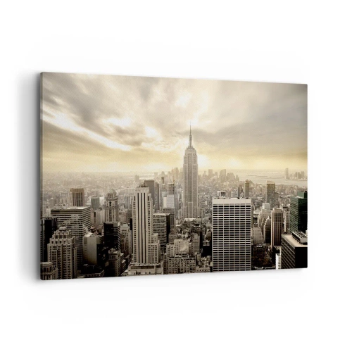 Cuadro sobre lienzo - Impresión de Imagen - Panorama de la ciudad con vista al Empire State Building - 120x80cm - Tejido neoyorquino en tonos grises - Decoración de pared moderna para salón y dormitorio ARTTOR