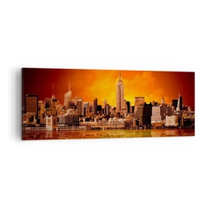 Cuadro sobre lienzo - Impresión de Imagen - Panorama de la ciudad al atardecer con edificios reflejados en el agua. - 140x50cm - Un panorama de la ciudad en amarillo y marrón - Decoración de pared moderna para salón y dormitorio ARTTOR