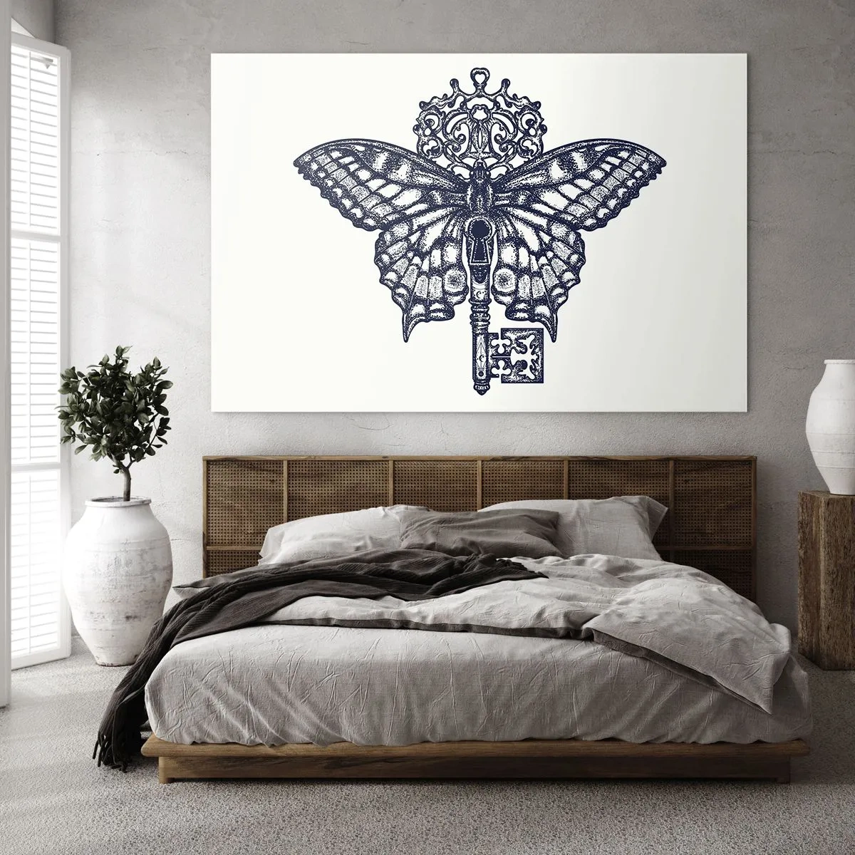 Cuadro sobre vidrio - Impresiones sobre Vidrio - Ilustración de una mariposa con una llave en el centro. - 70x50cm - Todos los secretos del corazón - Decoración de pared moderna para salón y dormitorio ARTTOR