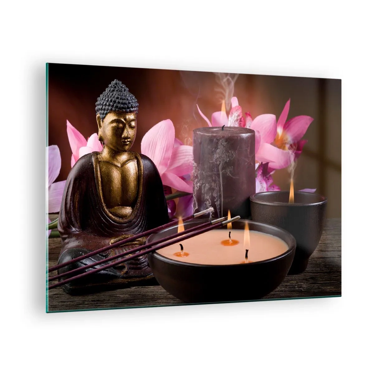 Cuadro sobre vidrio - Impresiones sobre Vidrio - Composición de relajación con Buda, velas y flores. - 70x50cm - Despejar la mente, calmar el cuerpo - Decoración de pared moderna para salón y dormitorio ARTTOR