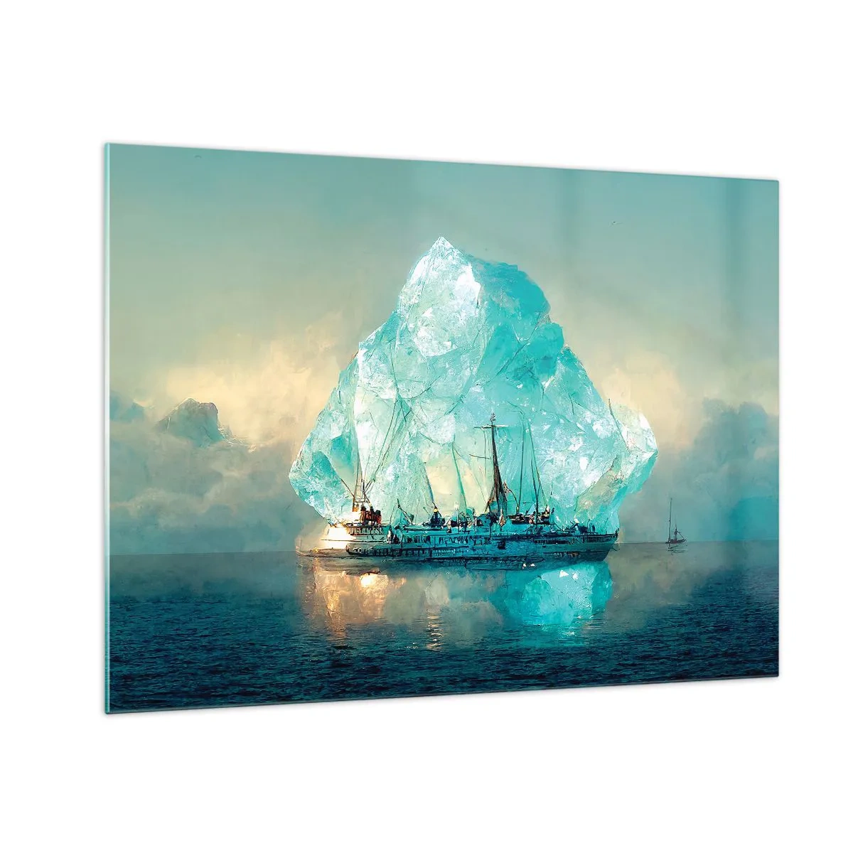 Cuadro sobre vidrio - Impresiones sobre Vidrio - Un velero frente a un enorme glaciar en la luz del Ártico. - 70x50cm - Diamante ártico - Decoración de pared moderna para salón y dormitorio ARTTOR