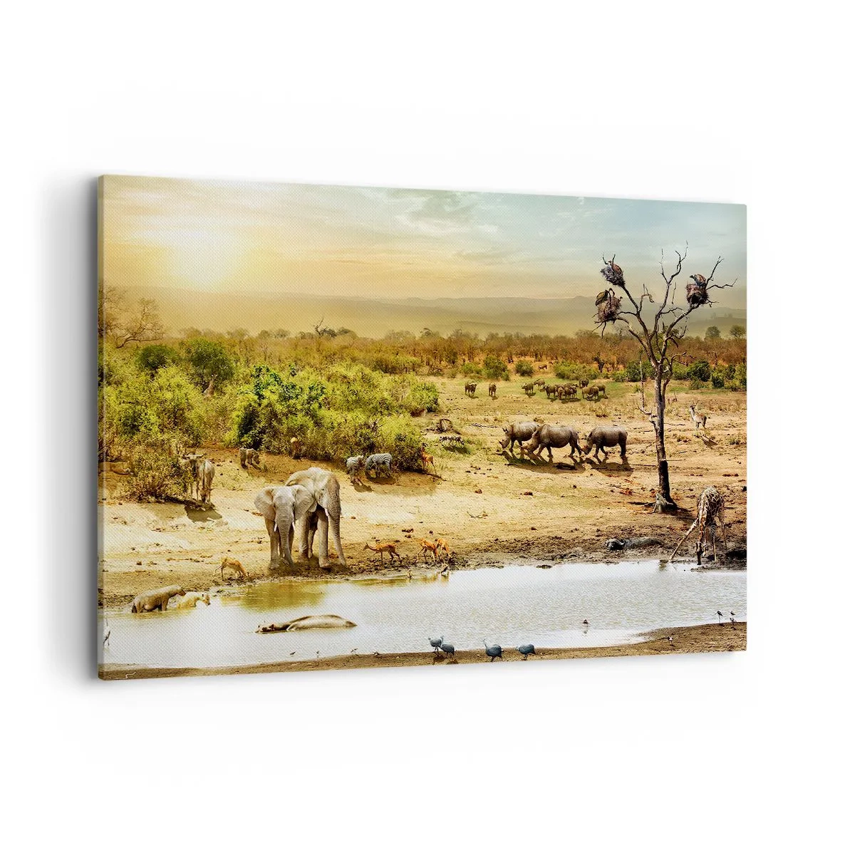 Cuadro sobre lienzo - Impresión de Imagen - Elefantes y animales salvajes en un abrevadero al atardecer - 100x70cm - Y del Edén fluyó un río... - Decoración de pared moderna para salón y dormitorio ARTTOR