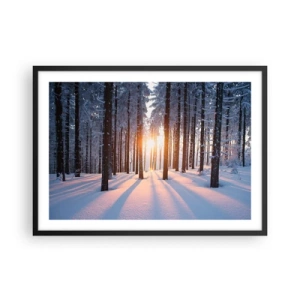Póster en marco negro - Bosque invernal iluminado por los rayos del sol. - 70x50cm - Claramente en blanco y negro - Decoración de pared moderna para salón y dormitorio ARTTOR