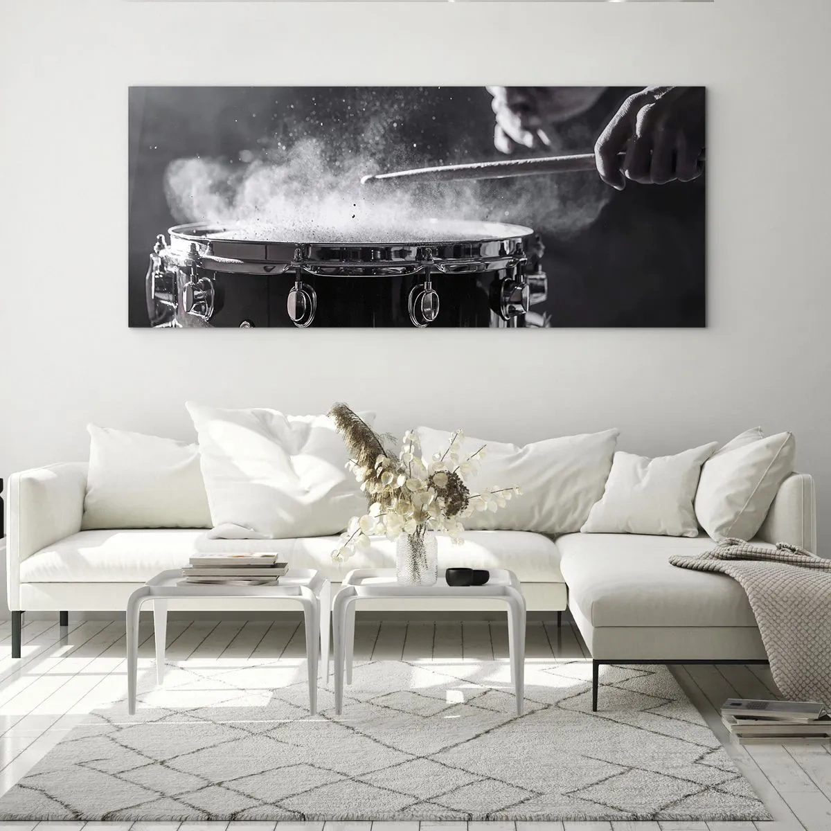 Cuadro sobre vidrio - Impresiones sobre Vidrio - Golpear el tambor con baquetas con efecto de polvo - 120x50cm - El pulso de la música - Decoración de pared moderna para salón y dormitorio ARTTOR