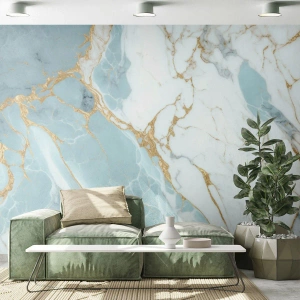 Fotomural Premium Sand - Patrón de mármol en azul y blanco con acentos dorados. - 100x70cm - Riqueza en la piedra - Decoración de pared moderna para salón y dormitorio ARTTOR