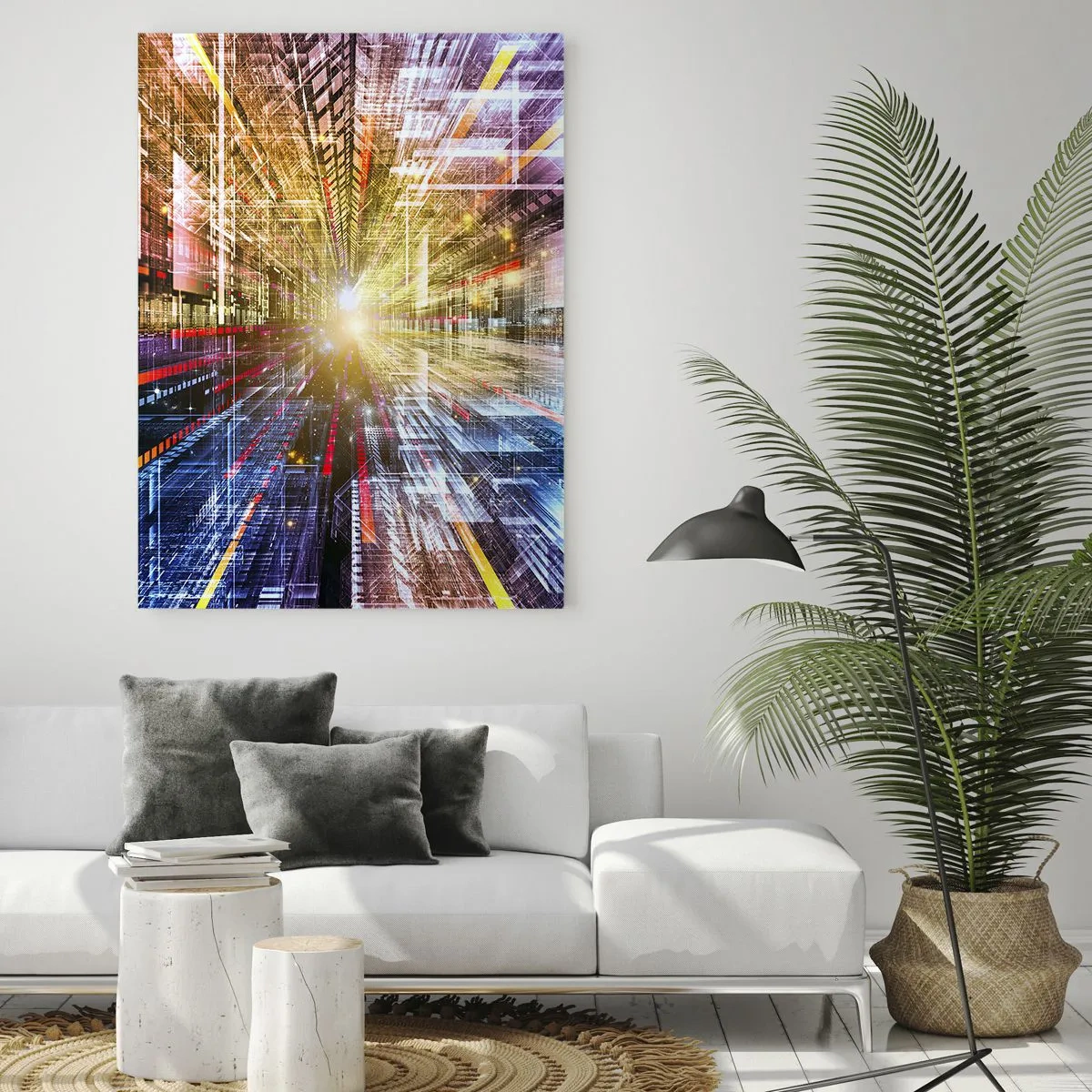 Cuadro sobre vidrio - Impresiones sobre Vidrio - Visión abstracta con líneas de colores y luz. - 50x70cm - Un pasillo luminoso - Decoración de pared moderna para salón y dormitorio ARTTOR