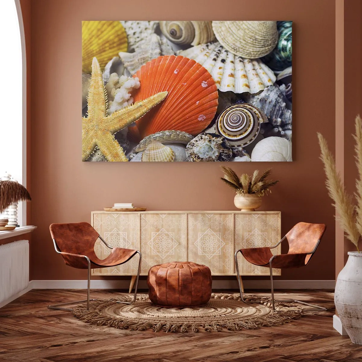 Cuadro sobre lienzo - Impresión de Imagen - Conchas y estrellas de mar en una composición marina - 70x50cm - Tesoros del océano - Decoración de pared moderna para salón y dormitorio ARTTOR