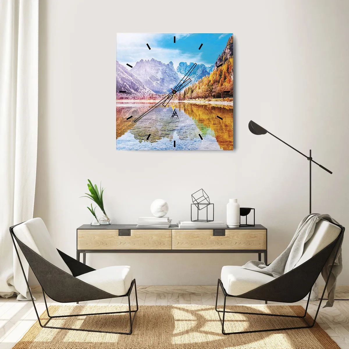 Reloj de pared - Reloj de vidrio - Paisaje otoñal de montaña con un lago - 30x30cm - Ya es otoño en las montañas - Decoración de pared moderna para salón y dormitorio ARTTOR