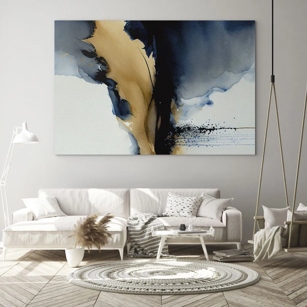 Cuadro sobre vidrio - Impresiones sobre Vidrio - Una composición abstracta en tonos azul marino y beige. - 70x50cm - Tras el telón - Decoración de pared moderna para salón y dormitorio ARTTOR