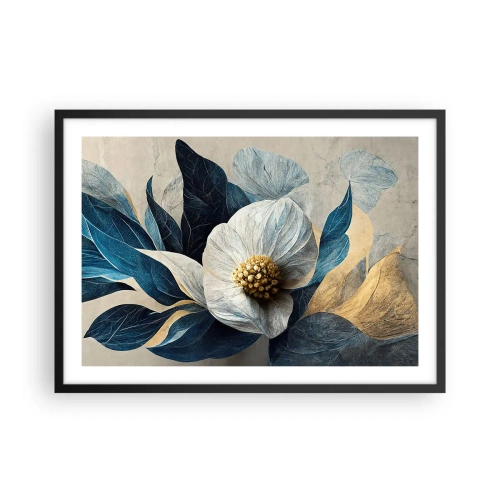 Póster en marco negro - Una flor con hojas azules sobre un fondo elegante. - 70x50cm - Con un corazón de oro - Decoración de pared moderna para salón y dormitorio ARTTOR