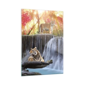 Cuadro sobre vidrio - Impresiones sobre Vidrio - Tigres frente a una cascada y un paisaje otoñal. - 50x70cm - Paisaje surrealista    - Decoración de pared moderna para salón y dormitorio ARTTOR