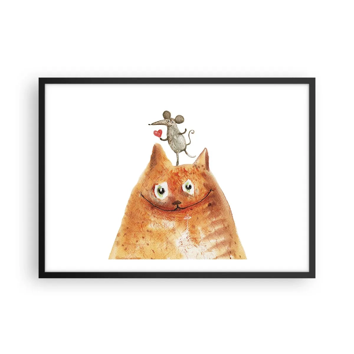 Póster en marco negro - Un dibujo de un gato con un ratón en la cabeza sosteniendo un corazón. - 70x50cm - Paradojas del amor - Decoración de pared moderna para salón y dormitorio ARTTOR