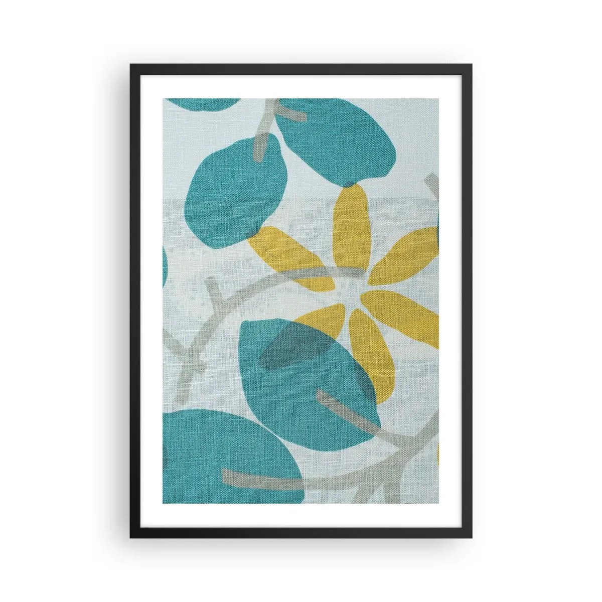 Póster en marco negro - Gráficos botánicos modernos en tonos azules y amarillos. - 50x70cm - Entre hojas azules - Decoración de pared moderna para salón y dormitorio ARTTOR