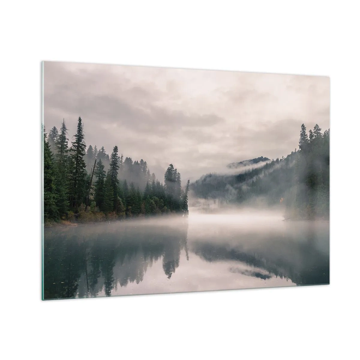 Cuadro sobre vidrio - Impresiones sobre Vidrio - Vista matutina de un lago en el bosque, envuelto en niebla. - 100x70cm - En el ensueño, en la niebla - Decoración de pared moderna para salón y dormitorio ARTTOR