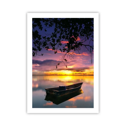 Póster - Un barco en un lago tranquilo al atardecer. - 50x70cm - Un cielo de ensueño - Decoración de pared moderna para salón y dormitorio ARTTOR