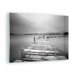 Cuadro sobre vidrio - Impresiones sobre Vidrio - Muelle de madera sobre un lago tranquilo en blanco y negro - 70x50cm - Más allá de las montañas, más allá de los mares - Decoración de pared moderna para salón y dormitorio ARTTOR