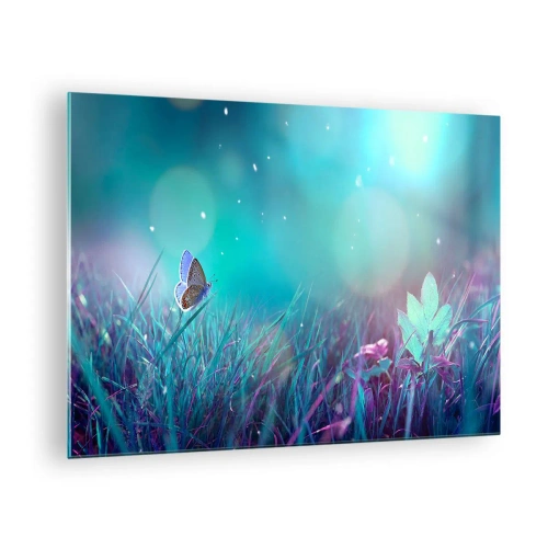 Cuadro sobre vidrio - Impresiones sobre Vidrio - Mariposa sobre la hierba en luz pastel - 70x50cm - La vida secreta de un prado - Decoración de pared moderna para salón y dormitorio ARTTOR