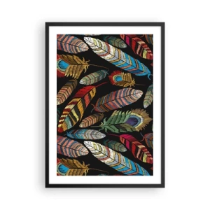 Póster en marco negro - Plumas de colores sobre un fondo negro - 50x70cm - Carnaval de las aves - Decoración de pared moderna para salón y dormitorio ARTTOR