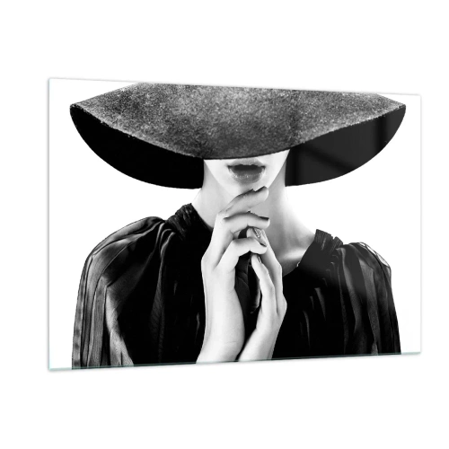 Cuadro sobre vidrio - Impresiones sobre Vidrio - Mujer elegante vestida de negro con un sombrero que le cubre la cara. - 120x80cm - Belleza oculta - Decoración de pared moderna para salón y dormitorio ARTTOR