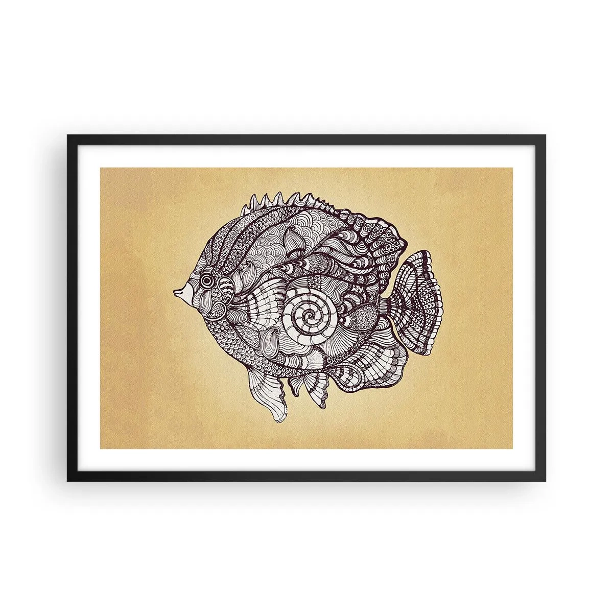 Póster en marco negro - Peces decorativos en estilo de dibujo con patrones. - 70x50cm - De un océano de ornamentos - Decoración de pared moderna para salón y dormitorio ARTTOR