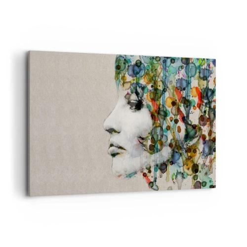 Cuadro sobre lienzo - Impresión de Imagen - Perfil de una mujer en colores de acuarela con un fondo abstracto - 120x80cm - Salió del gris - Decoración de pared moderna para salón y dormitorio ARTTOR