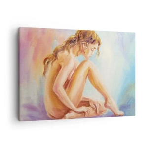 Cuadro sobre lienzo - Impresión de Imagen - Una delicada figura de una mujer sobre un fondo pastel. - 70x50cm - Acto de juventud - Decoración de pared moderna para salón y dormitorio ARTTOR