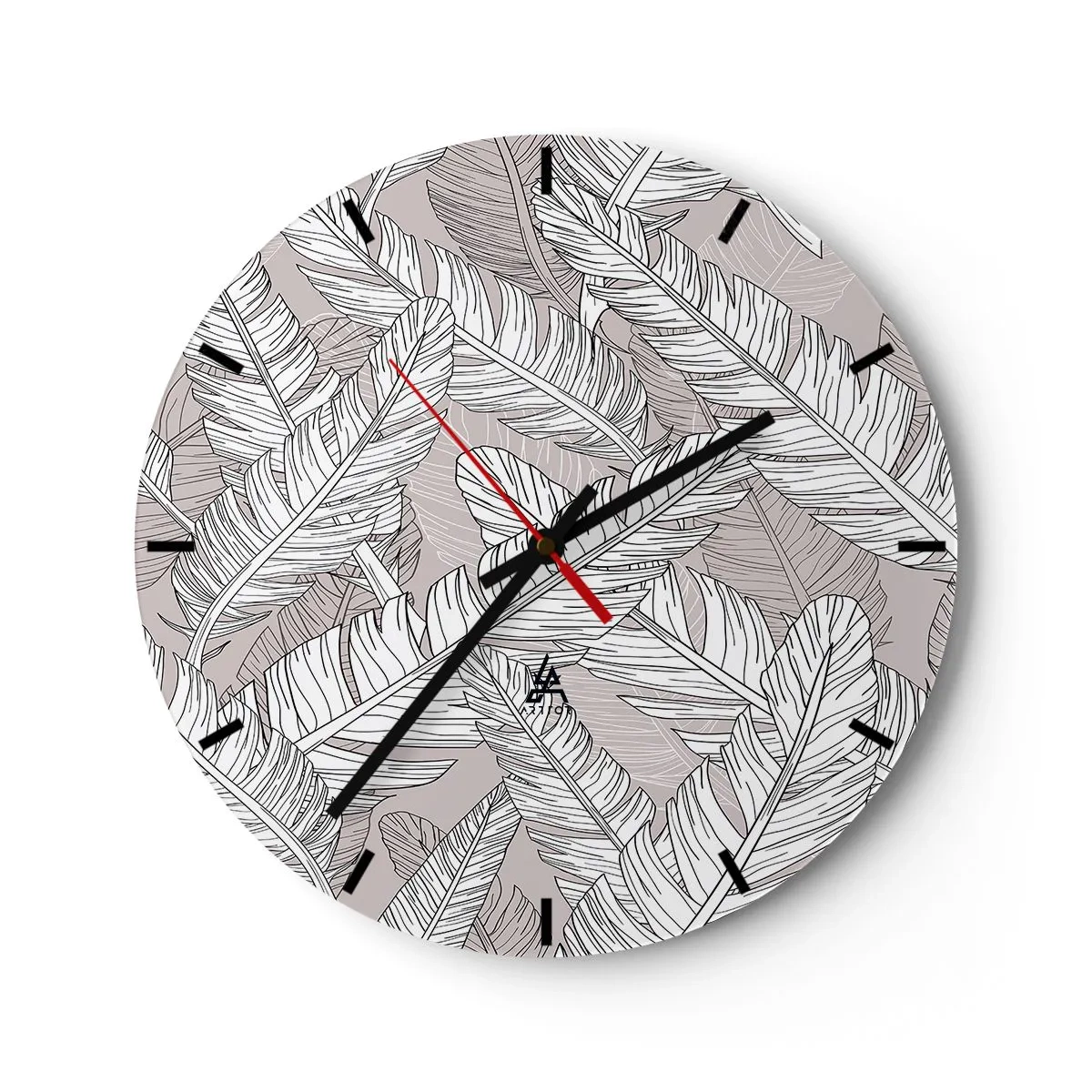 Reloj de pared - Reloj de vidrio - Hojas de plátano en blanco y negro sobre un fondo claro - 30x30cm - Turbulencias de plumas - Decoración de pared moderna para salón, cocina y dormitorio ARTTOR