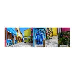 Muestra de fotomural Premium Sand - Callejón dulce de color pastel - Ciudad, bicicletas, Callejón - 100x30 cm