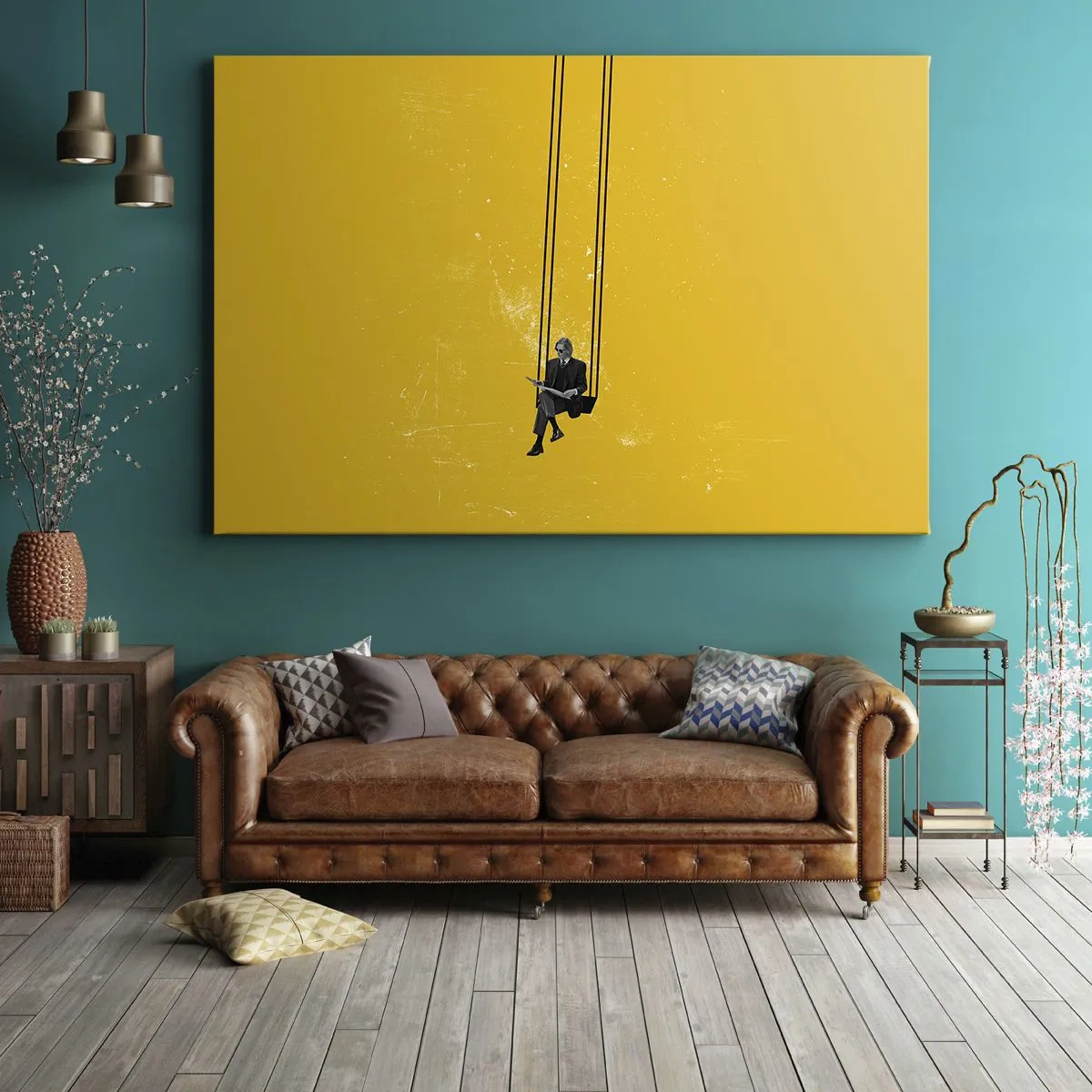 Cuadro sobre lienzo - Impresión de Imagen - Una persona en un columpio sobre un fondo de color amarillo intenso. - 120x80cm - Un día como cualquier otro - Decoración de pared moderna para salón y dormitorio ARTTOR