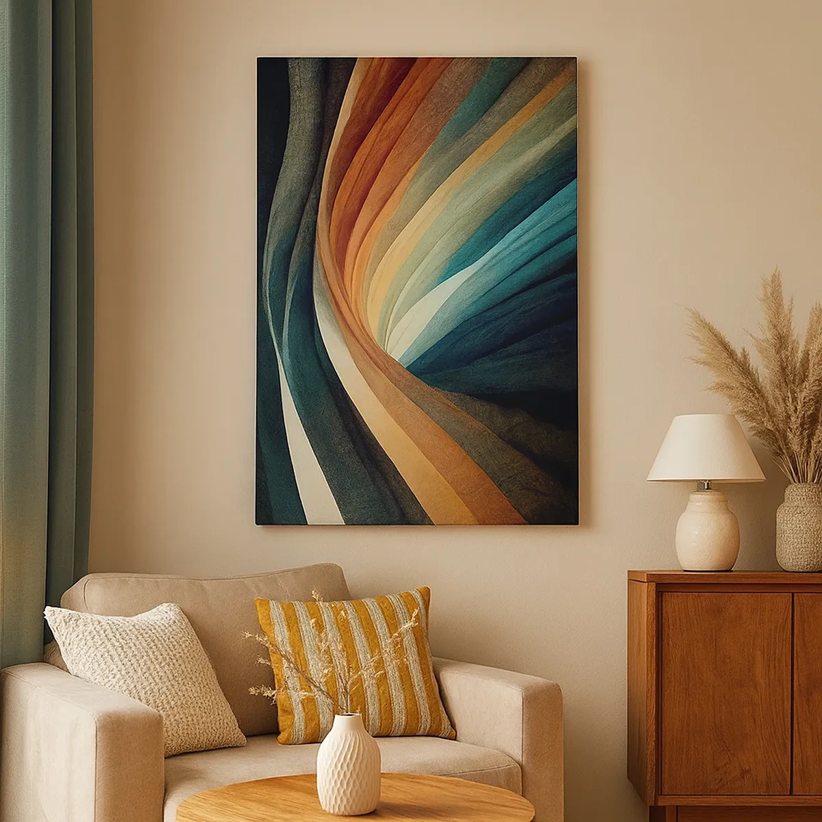 Cuadro sobre lienzo - Impresión de Imagen - Ondas abstractas en tonos cálidos y fríos. - 50x70cm - Tejido de colores - Decoración de pared moderna para salón y dormitorio ARTTOR