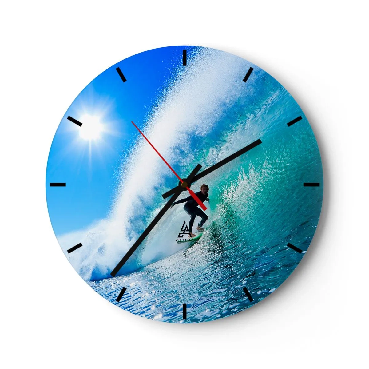 Reloj de pared - Reloj de vidrio - Surfista en una ola en un día soleado - 30x30cm - A través de la gran ola - Decoración de pared moderna para salón, cocina y dormitorio ARTTOR