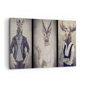 Cuadro sobre lienzo - Impresión de Imagen - Un tríptico con figuras de animales con ropa humana sobre un fondo artístico. - 100x70cm - Que los gestos hablen - Decoración de pared moderna para salón y dormitorio ARTTOR