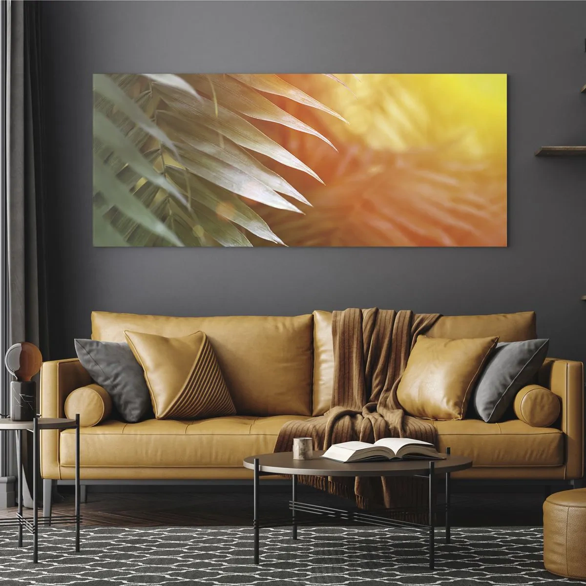 Cuadro sobre vidrio - Impresiones sobre Vidrio - Hojas de palma en los rayos del atardecer. - 140x50cm - Mañana en la selva - Decoración de pared moderna para salón y dormitorio ARTTOR
