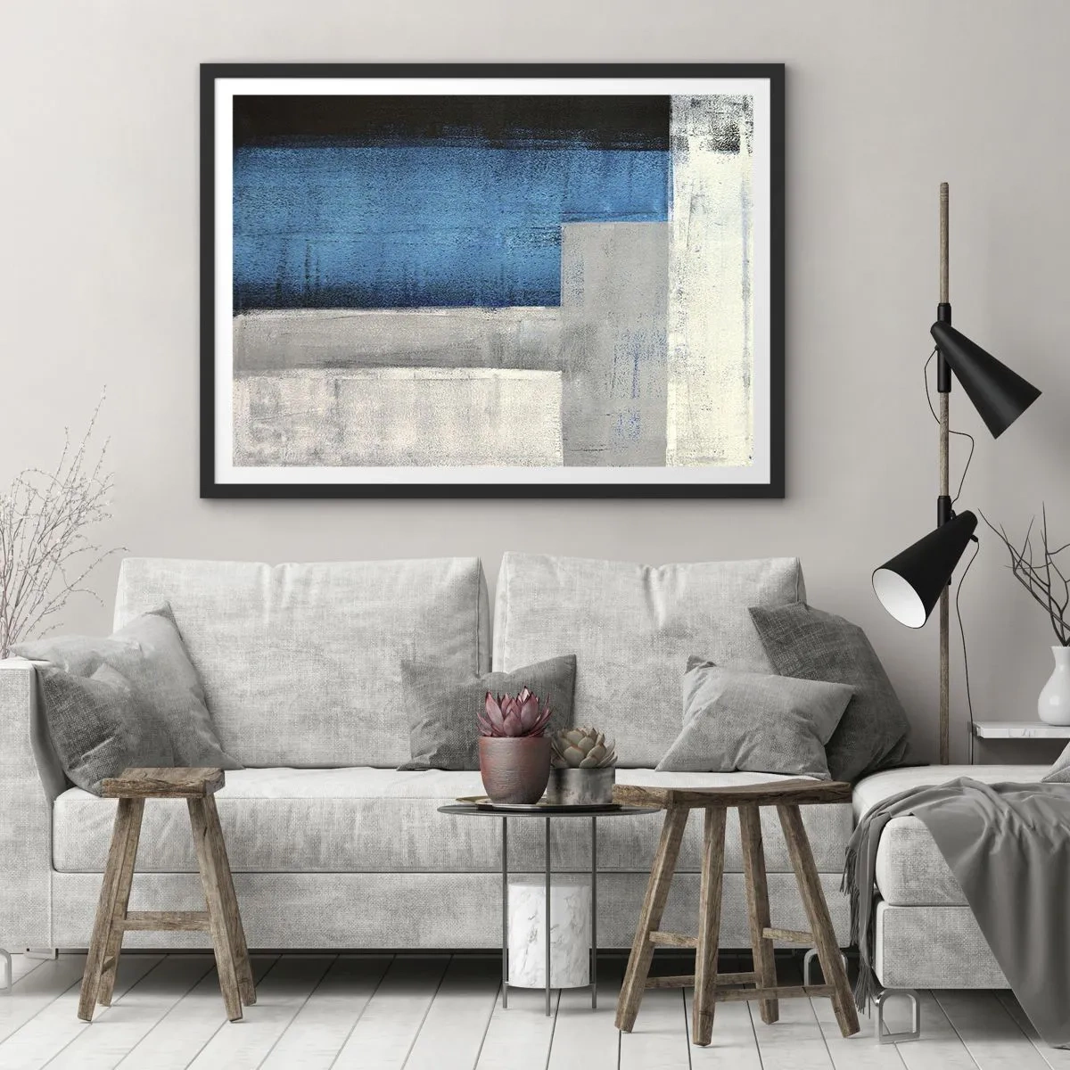 Póster en marco negro - Una composición abstracta con tonos de azul, gris y blanco. - 70x50cm - Composición poética de gris y azul - Decoración de pared moderna para salón y dormitorio ARTTOR