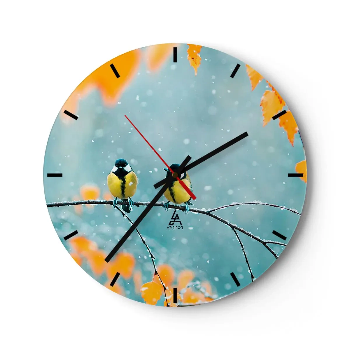 Reloj de pared - Reloj de vidrio - Dos herrerillos en una rama cubierta de nieve en un paisaje invernal - 30x30cm - Cotilleo de pájaros - Decoración de pared moderna para salón, cocina y dormitorio ARTTOR