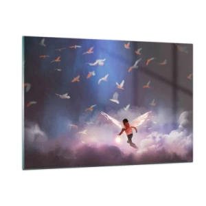 Cuadro sobre vidrio - Impresiones sobre Vidrio - Una figura con alas de ángel flotando entre las nubes. - 120x80cm - Imaginación y valor - Decoración de pared moderna para salón y dormitorio ARTTOR